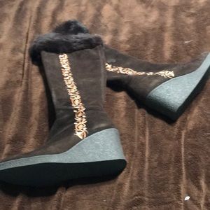 Knee high suede wedge heel boots
